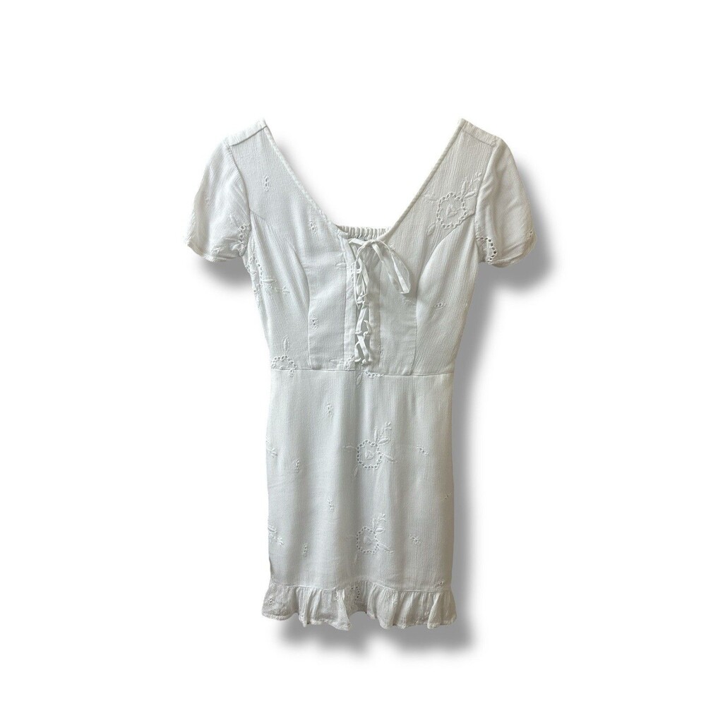 Hollister Women's XS White Eyelet Dress Short Sleeve V-neck Smocked Boho Summer